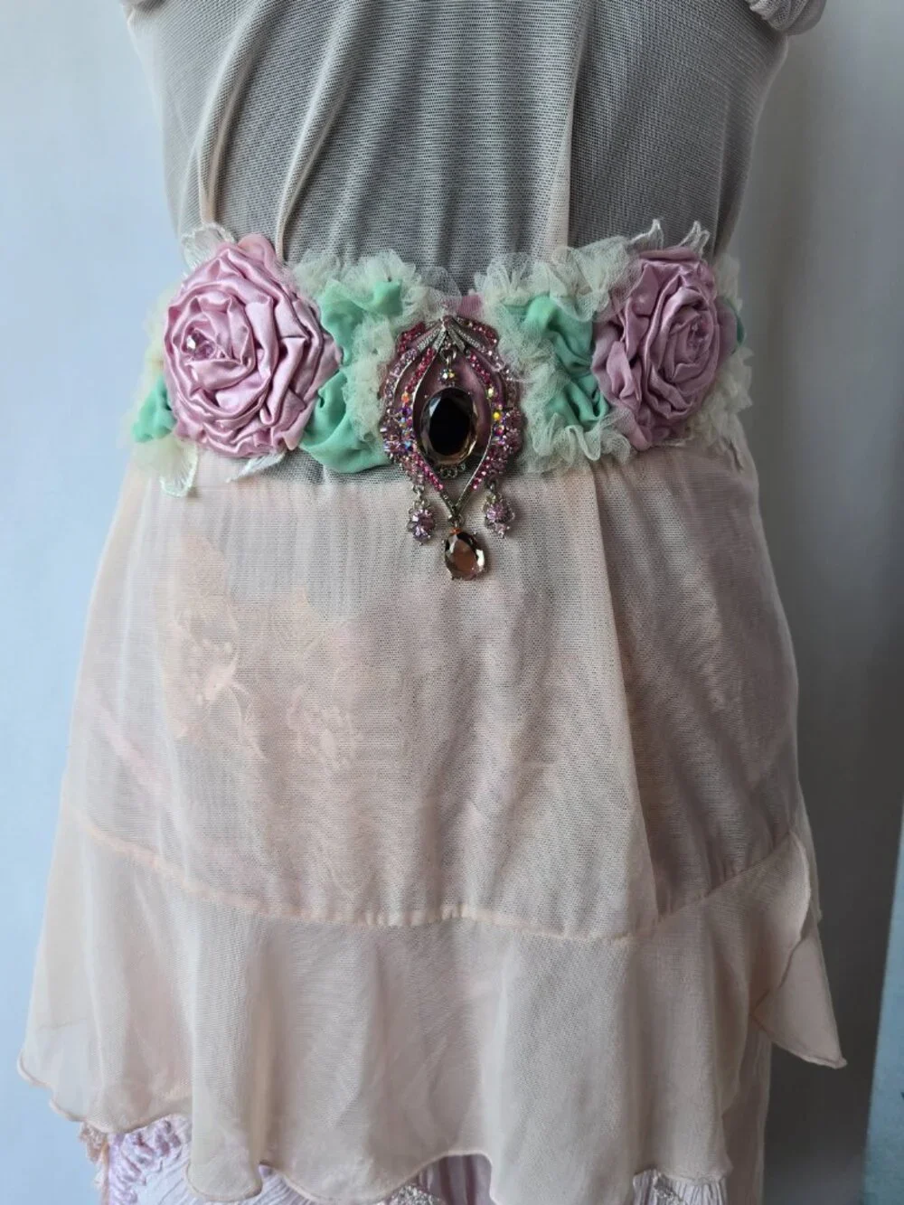 Handmade Light Pink Satin Rose and Crystal Sash Romantic Fairycore